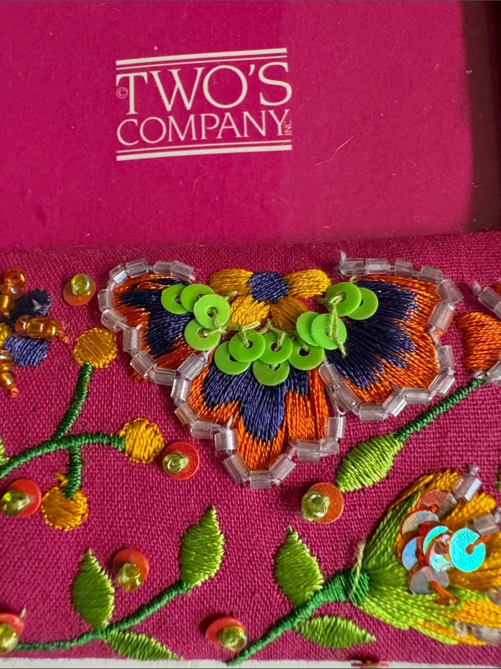 Vintage Two's Company Hot Pink Embroidered Floral Photo Frame 4”x 6”